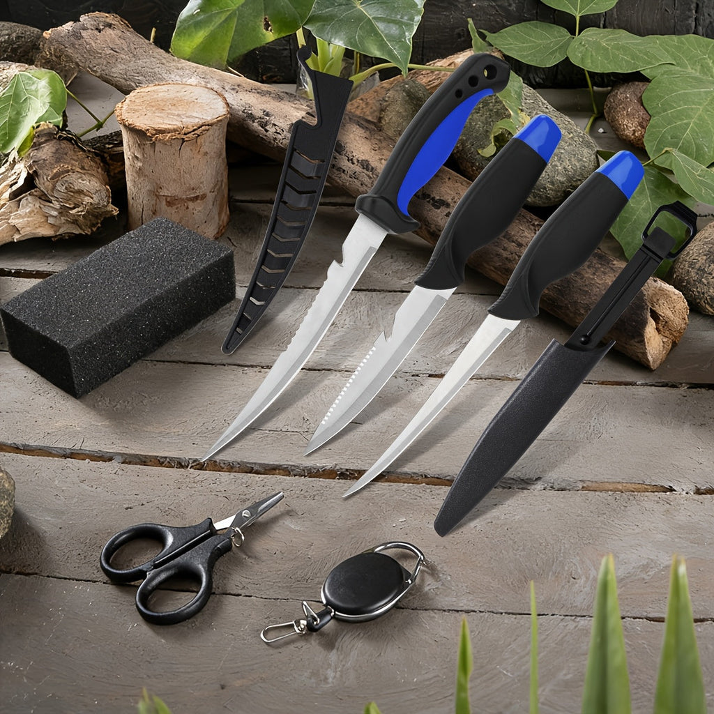 3-Piece Fishing Knife Set with Stainless Steel Blades, Fish Fillet, Boning, and Gutting Knives with Cut-Resistant Gloves, Fishing Line Cutter & Cord – Unique Fishing Gift for Anglers & Campers