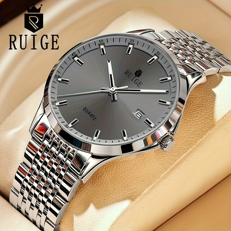RUIGE Men's Luxury Quartz Watch Stainless Steel with Calendar, Luminous, and Rhinestone Accents - Sports Business Dress Watch for Men, Gift for Him
