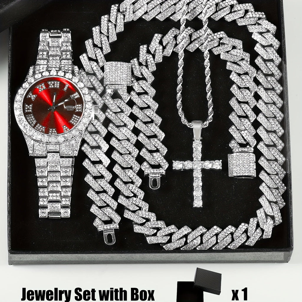 4-Piece Rhinestone Watch and Cross Pendant Jewelry Set, Quartz Analog Wristwatch, Necklace, Bracelet, and Earrings, Unisex Gift for Him or Her, Wedding