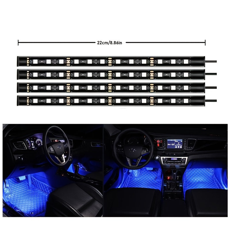 Music Sync LED Car Interior Lights – 4pcs USB Powered RGB Underfoot Ambient Lighting Kit with App & Remote Control, Colorful Atmosphere Lights for Car, Truck, SUV, No Battery Required