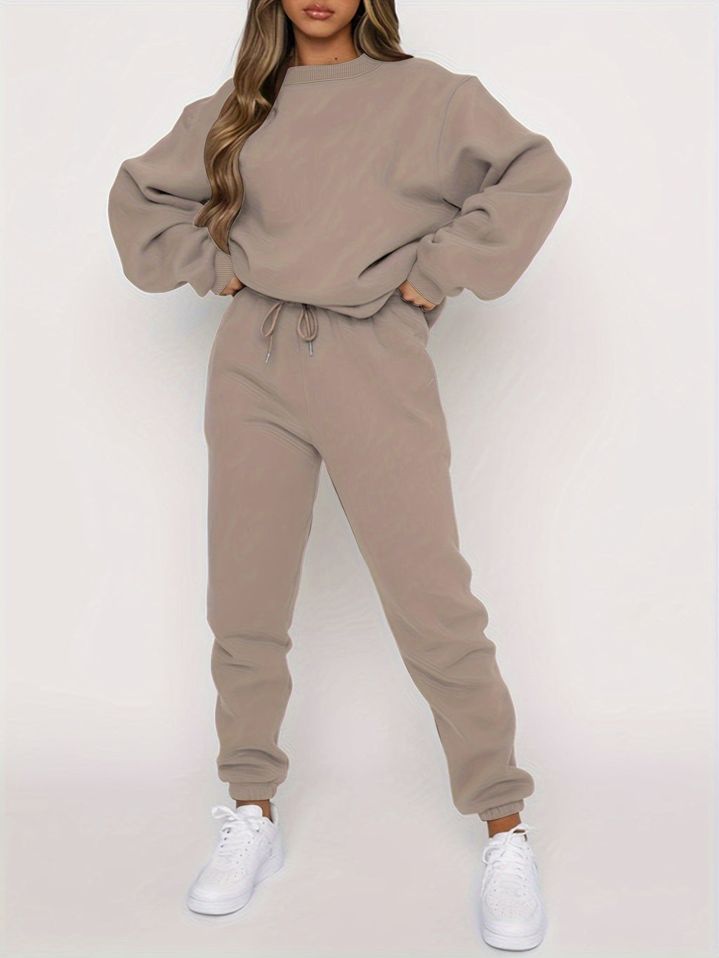 Women's 2-Piece Sweatshirt and Pants Set, Crew Neck Pullover with Elastic Waist Drawstring Joggers, Casual Lounge Suit, Beige/Grey/Black/Navy/Coffee, S-XXL