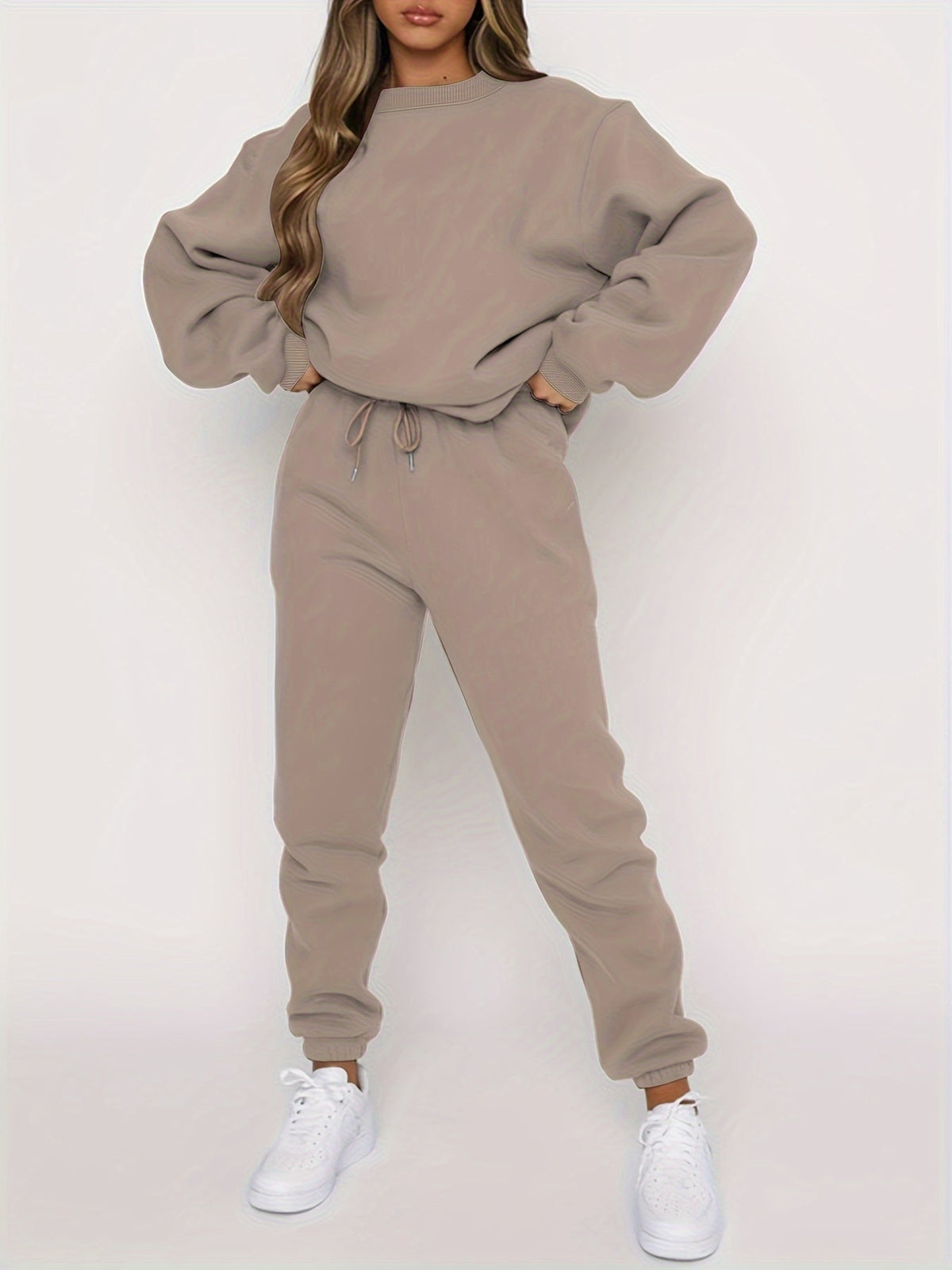 Women's 2-Piece Sweatshirt and Pants Set, Crew Neck Pullover with Elastic Waist Drawstring Joggers, Casual Lounge Suit, Beige/Grey/Black/Navy/Coffee, S-XXL