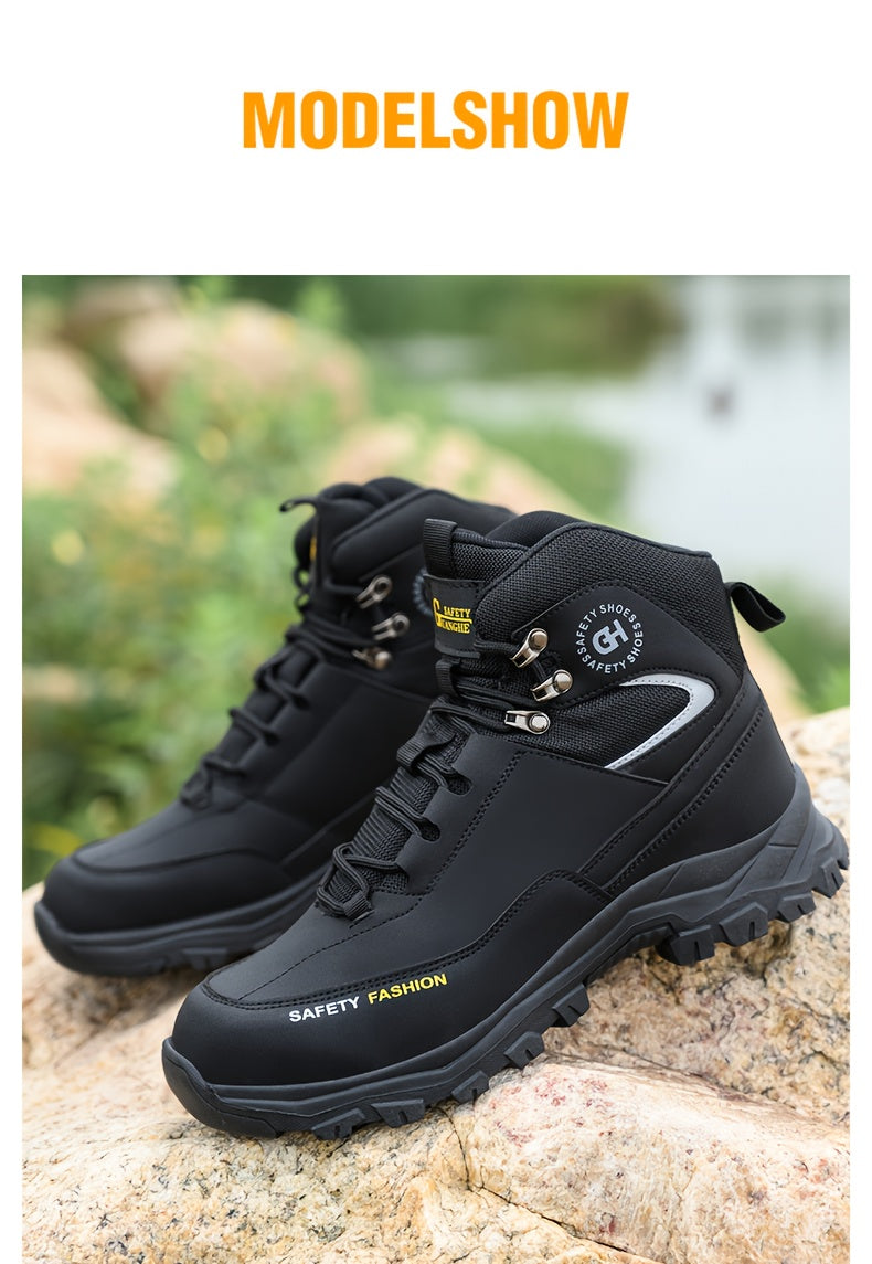 Men's Steel Toe Work Boots, Heavy Duty, All-Terrain Rubber Sole, Cushioned Insole, Arch Support, Four-Season Construction, Industrial, Farm, and Outdoor Boots, Black/Army Green, US Sizes 6-11