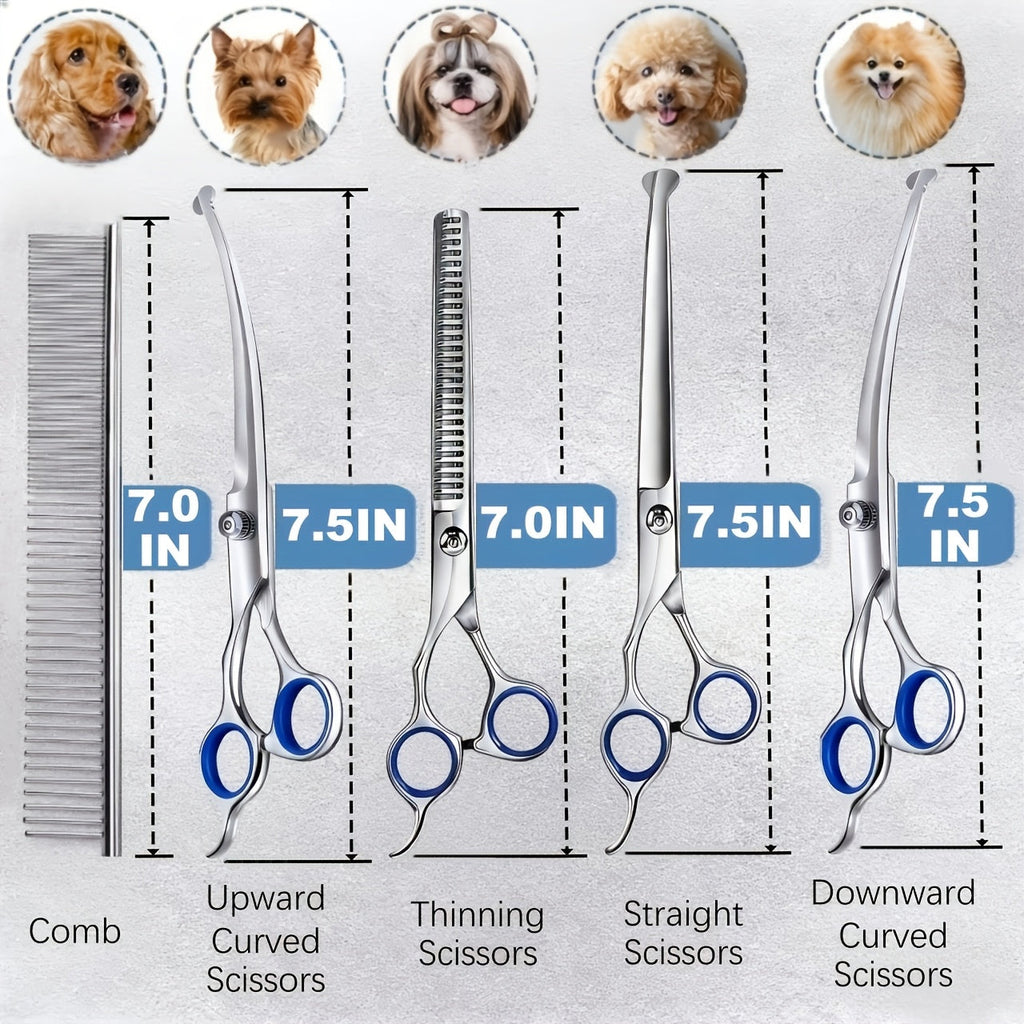 7-Piece Pet Grooming Scissors Set – Ceramic-Coated 4CR Stainless Steel, Safety Round Tips, Straight, Thinning & Curved Shears with Comb & Storage Bag for All Breeds of Dogs and Cats