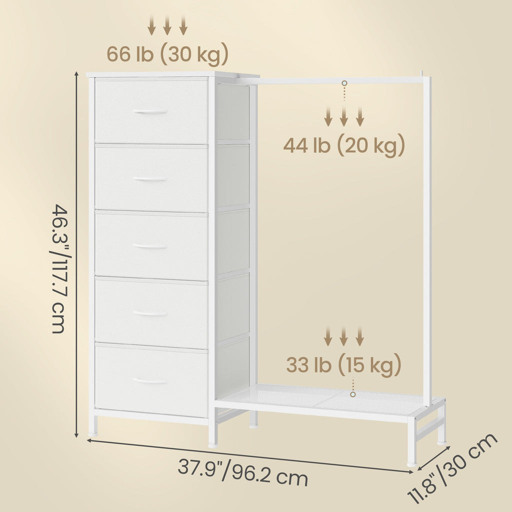 Freestanding Wardrobe Dresser with Hanging Rod, 5 Fabric Drawers & Shoe Shelf – 3-in-1 Closet Organizer, Reversible Layout, Steel Frame, Anti-Tip Kit, 37.9” x 11.8” x 46.3”, White – Nova Mart