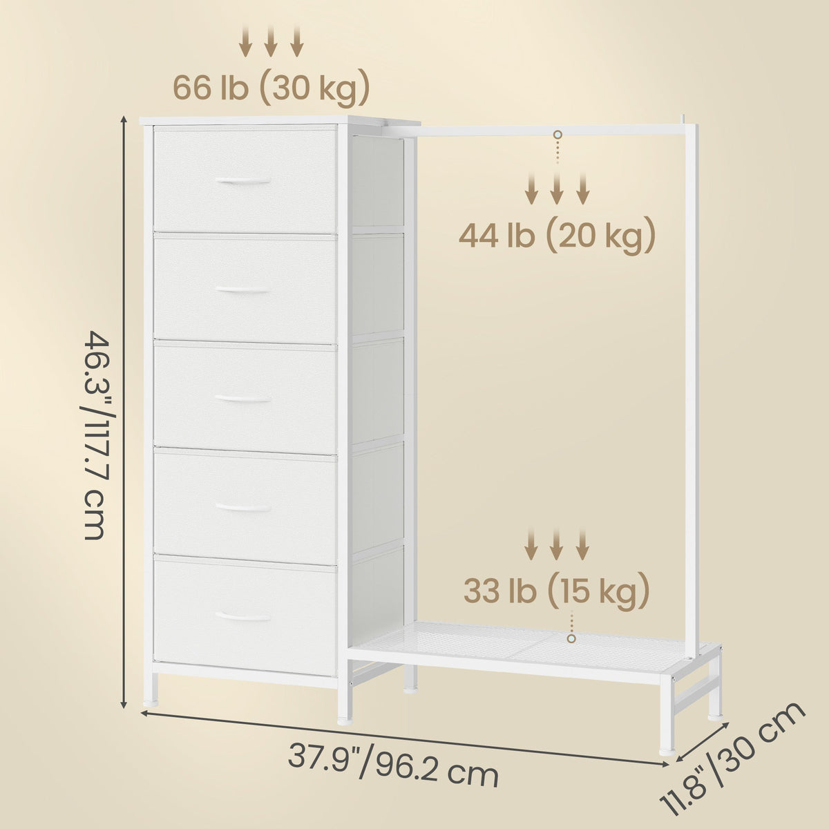 Freestanding Wardrobe Dresser with Hanging Rod, 5 Fabric Drawers & Shoe Shelf – 3-in-1 Closet Organizer, Reversible Layout, Steel Frame, Anti-Tip Kit, 37.9” x 11.8” x 46.3”, White – Nova Mart