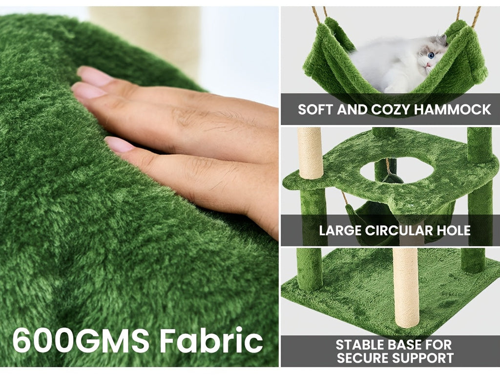 55-Inch Cat Tree for Indoor Cats with Green Leaves – Multi-Level Large Cat Tower with Hammock, Sisal Scratching Posts, Hanging Ball Toy, and Cat Furniture for Living Room or Bedroom