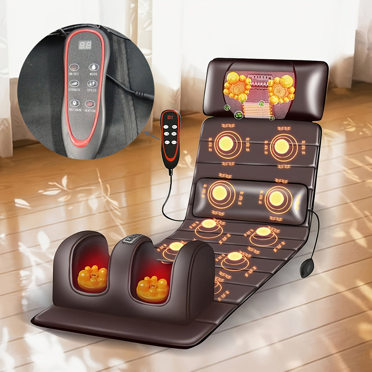 Full Body Heating Massage Set PU Leather Neck Massager Foot Massager Massage Headrest Lumbar Pillow Timer Vibration Non-Slip for Home Office Brown With or Without Leg Massager