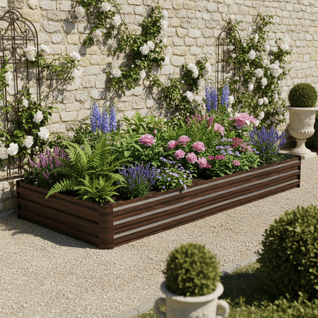 Metal Raised Garden Bed 8ft x 4ft x 1ft, Open-Ended Base, Wave-Patterned Anti-Warp Panels, Reinforced Center Bracket, 32 cu.ft Growing Space, Gloves Included, for Vegetables Flowers Herbs Fruit
