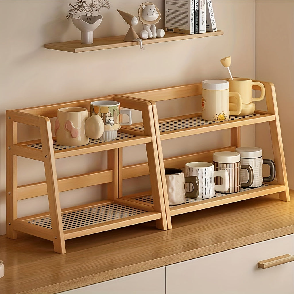 2-Tier Wooden Countertop Shelf Organizer, Vintage Trapezoidal Design, Bamboo Desktop Storage Rack for Kitchen, Office, and Bedroom, Space-Saving Counter Shelf for Coffee Cups, Books, and Decor – 1 or 2 Pack, Large & Medium