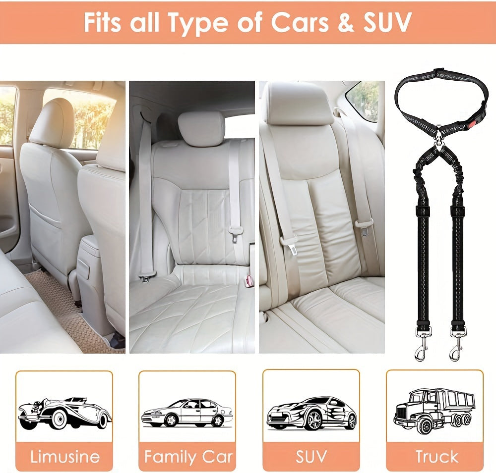 Dual Dog Car Seat Belt for 2 Dogs, No-Tangle Headrest Restraint, Adjustable Bungee Pet Safety Harness for Small, Medium, and Large Dogs for Car Travel