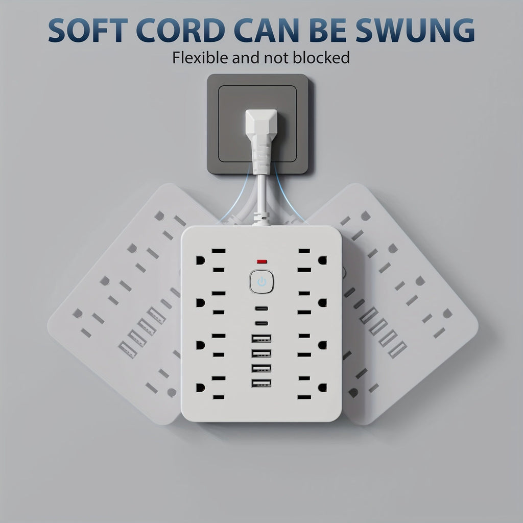 14-in-1 Power Strip Surge Protector - 8 AC Outlets, 4 USB-A & 2 USB-C Ports, Flat Plug, Space-Saving Extension Cord for Home, Office & Kitchen - White & Black