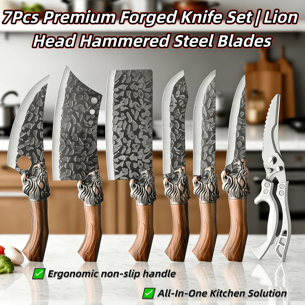 7-Piece Professional Chef Knife Set - Hand-Forged Damascus-Style Blade, Brown Wood Handle, Ergonomic Grip - Chef, Boning, Fish, Butcher Knife + Scissors - Meat, Fish, Vegetables & Fruits - Home & Professional Kitchen Gift