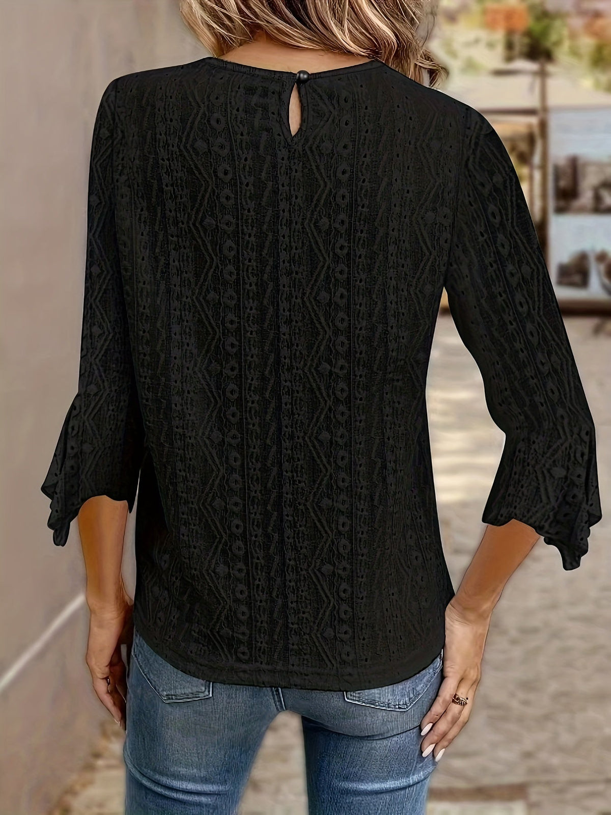 Women's Contrast Lace Trim Long Sleeve Blouse – Sexy Semi-Sheer Round Neck Elegant Pullover Top for Spring, Summer, and Fall in Black, White & Orange-Red