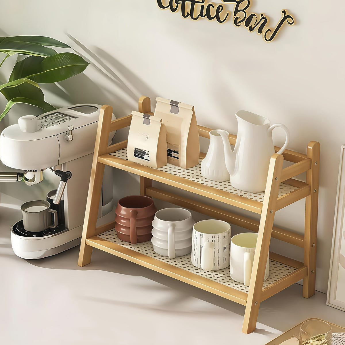 2-Tier Wooden Countertop Shelf Organizer, Vintage Trapezoidal Design, Bamboo Desktop Storage Rack for Kitchen, Office, and Bedroom, Space-Saving Counter Shelf for Coffee Cups, Books, and Decor – 1 or 2 Pack, Large & Medium