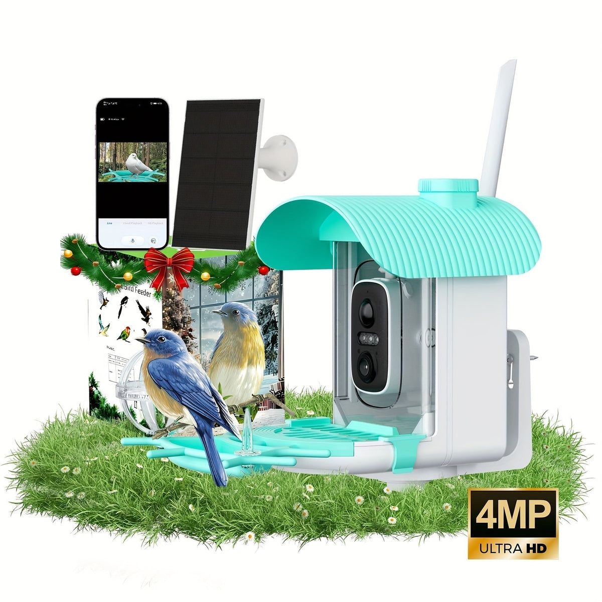 AI Smart Bird Feeder with Camera, Solar Powered – 4MP 2K HD, Bird Species Identification, Motion Detection, Squirrel-Proof, IP66 Weatherproof, App Remote Monitoring, Gift for Bird Lovers