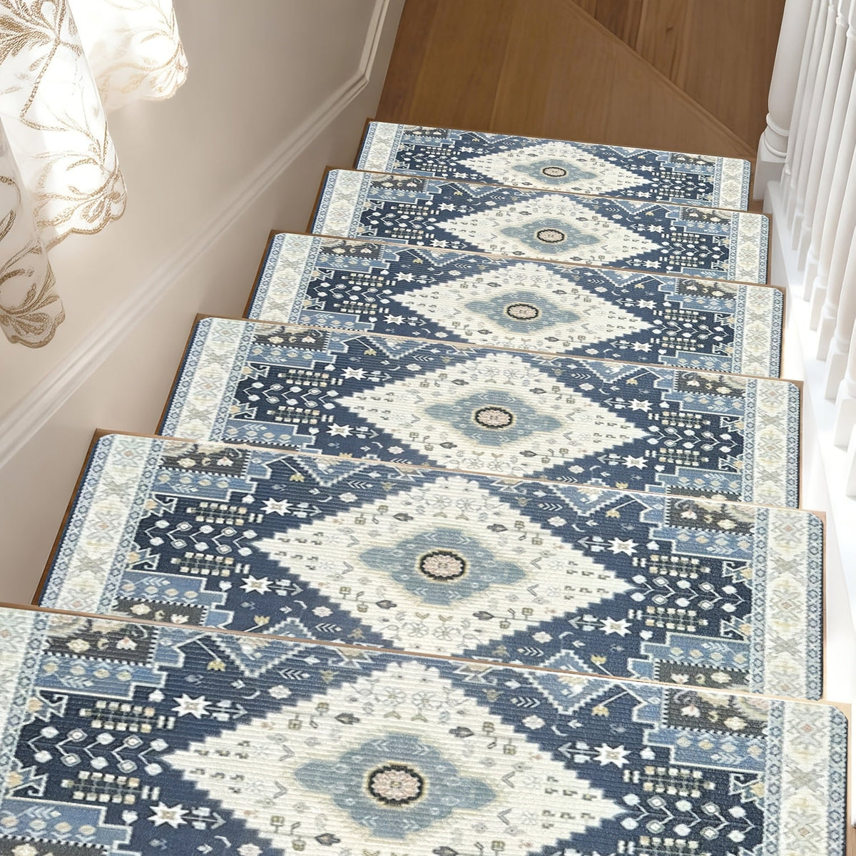 Non-Slip Stair Treads 15-Pack – 8"x30" Anti-Slip Indoor Stair Rugs for Wooden Steps Kids Elders & Pets with Pre-Applied Adhesive in Light Blue