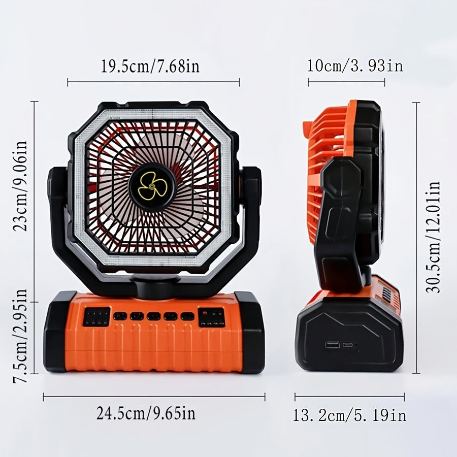 20000mAh Rechargeable Camping Fan with Built-in LED Light, Tent Hook, USB Charging, Portable Battery-Powered Outdoor Cooling Fan for Camping, Hiking, Power Outages, and Construction Sites - Orange Upgraded Model