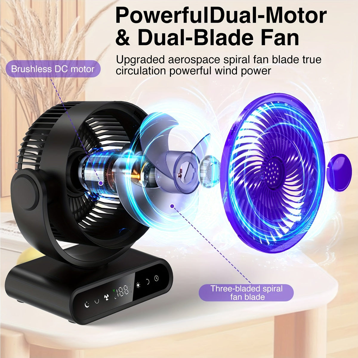 Portable Battery Fan 20000mAh / 40000mAh – 9-Inch 5-Speed Oscillating Fan with Remote 12 LED Warm Lights 14H-50H Runtime for Outdoor Camping Home Office