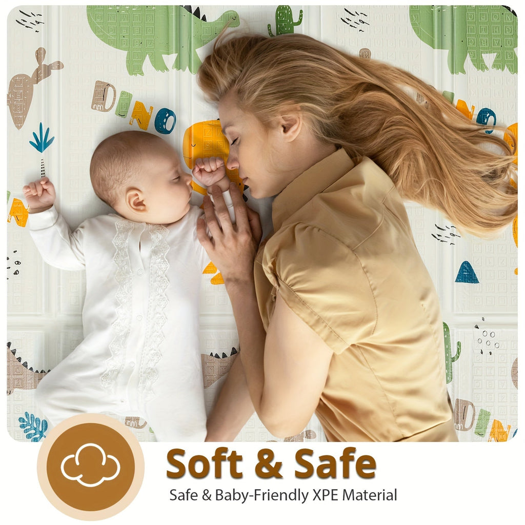 Foldable Safety Foam Baby Play Mat, 50 × 50 × 0.4 Inch Thick Reversible Double-Sided Portable Playpen Floor Mat, Soft Cushioned Baby Activity Mat for Infants & Toddlers, Seahorse & Stars