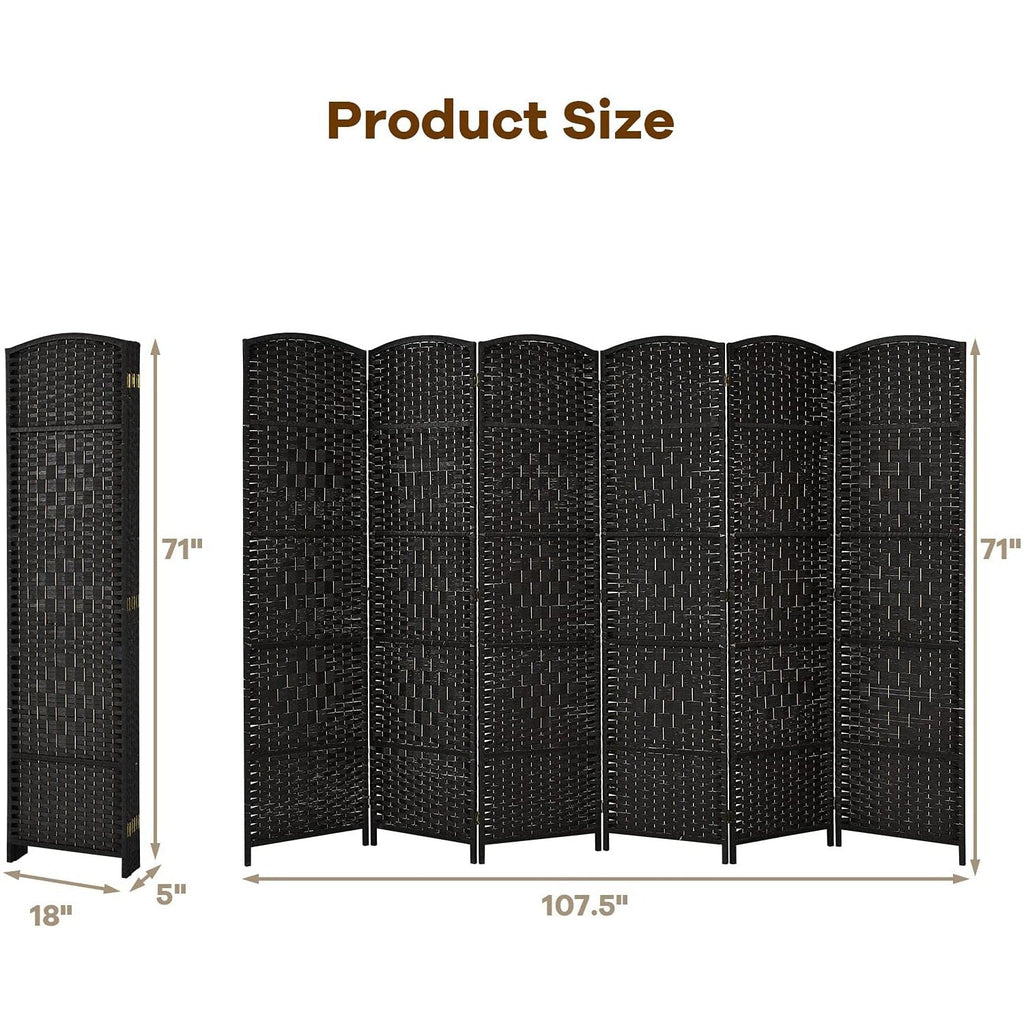 6-Panel 6ft Tall Folding Room Divider Hand-Woven Paper Fiber & Poplar Frame Freestanding Privacy Screen for Bedroom Living Room Office & Porch – No Assembly, Air Circulation, Black/Brown