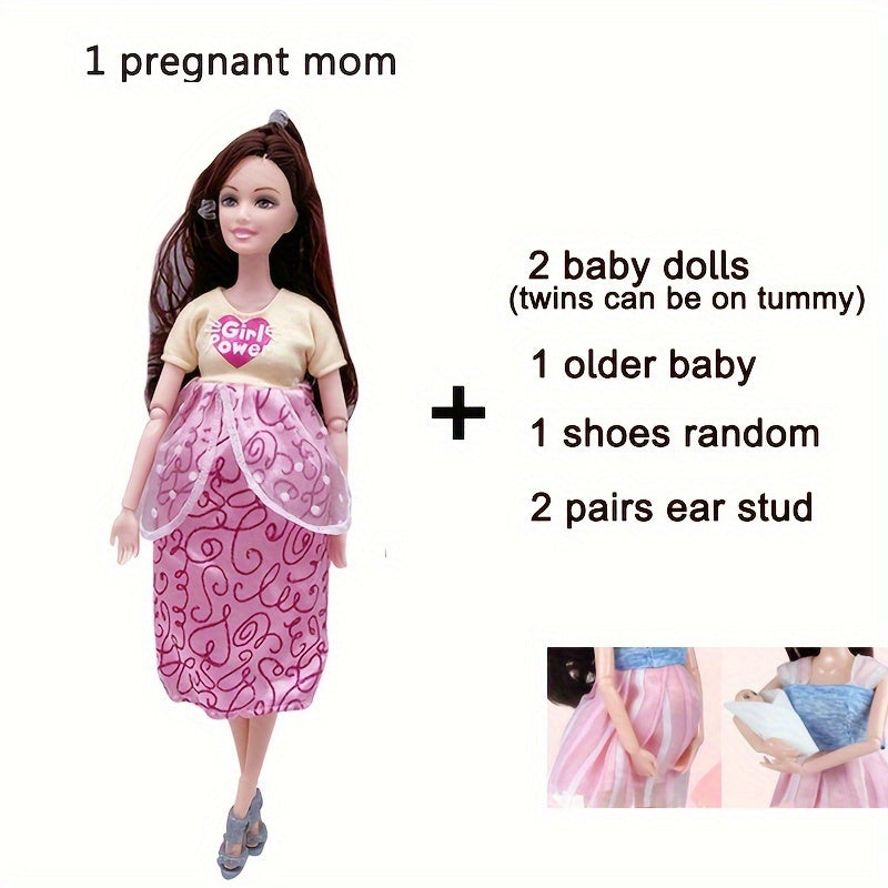 11.8 Inch Fashion Pregnant Doll with Movable Joints, Mom Doll with 2 Baby Dolls, Elder Doll, Ear Studs, Shoes, Modern Dress, Princess Doll, Educational Toy for Girls Ages 3+
