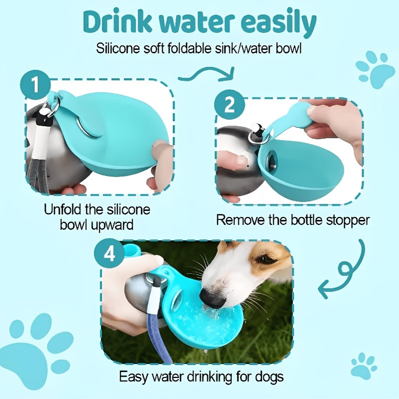 Stainless Steel Pet Travel Water Bottle – 9.6oz Leak-Proof Dog & Cat Drinking Bottle with Foldable Bowl for Outdoor Hiking, Walking, and Camping, 304 Steel, Blue & Pink