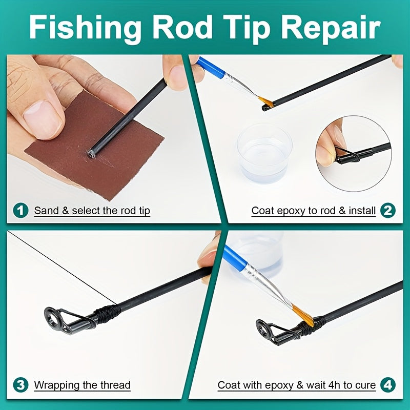 Fishing Rod Repair Kit Complete Set – Tip Top Rings, Rod Guides, AB Epoxy Glue, Winding Thread & Masking Tape, Full Replacement Supplies for Broken Rods