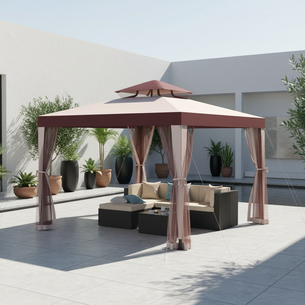 10x10 Ft Gazebo with Mosquito Netting & Mesh Sidewalls, 100 Sq Ft Shade, Sturdy Steel Frame, for Garden, Backyard, Terrace & BBQ Party