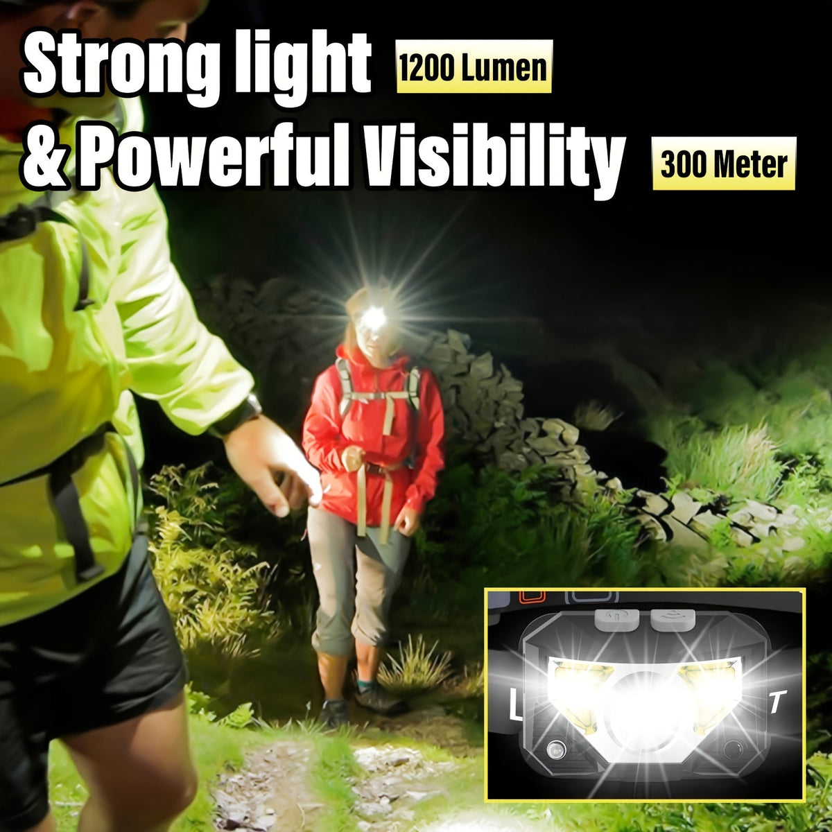 1200 Lumen Rechargeable LED Headlamp with Motion Sensor & Red Light – 8 Modes, USB-C, Waterproof Head Lamp for Camping, Hiking, Fishing, Auto Repair, Garage, and Emergency Use – Gift for Men