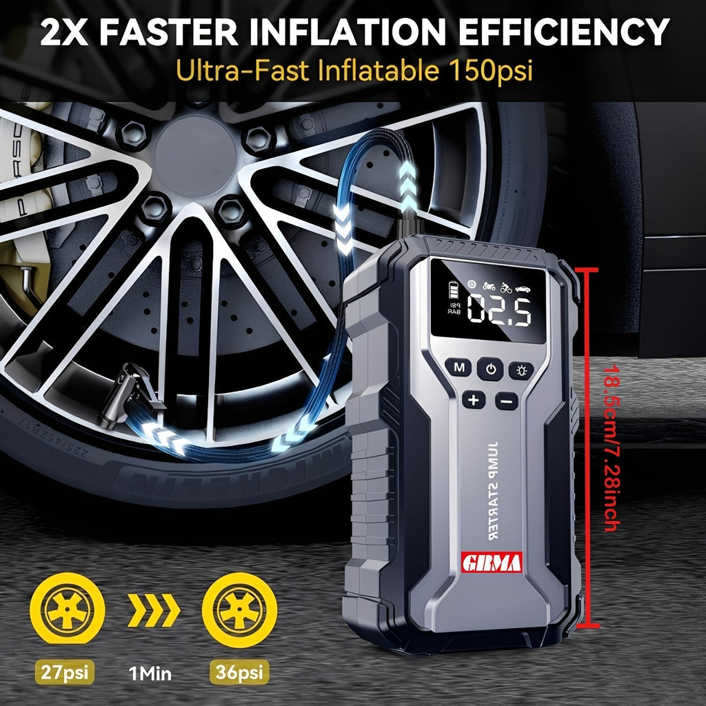 7-in-1 Portable Car Jump Starter with 150PSI Air Compressor, Digital Display, and Emergency Power Bank for Gas & Diesel Engines - Car Battery Booster Pack with Air Pump