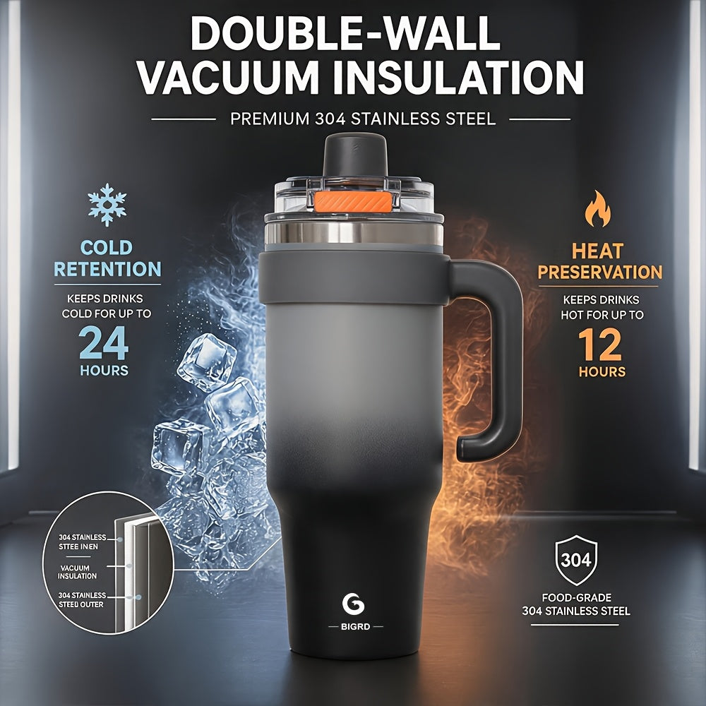 BIGRD 40oz Vacuum Insulated Travel Tumbler 1182ml Double Wall Stainless Steel with Handle and Straw Lid Leak Proof Hot Cold Hours Cleaning Brush Black Gray Blue