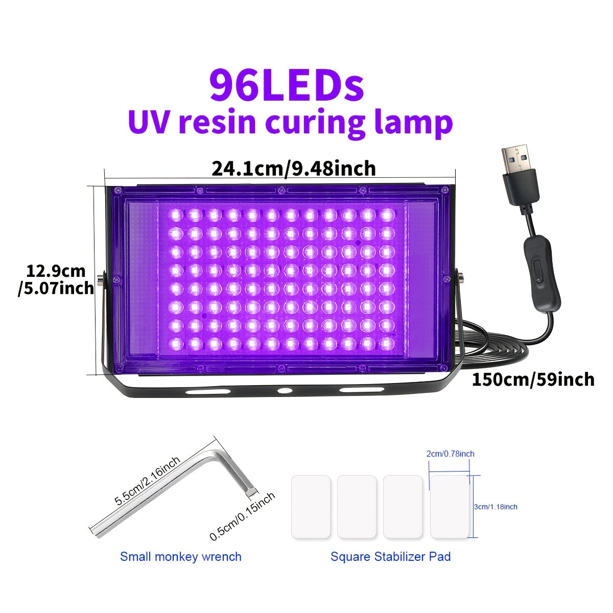 Professional UV LED Resin Curing Lamp, 96 or 144 LEDs, High Power, USB Plug and Play for DIY Jewelry Making, Epoxy Resin Hardening, Mold Curing, Dark Violet