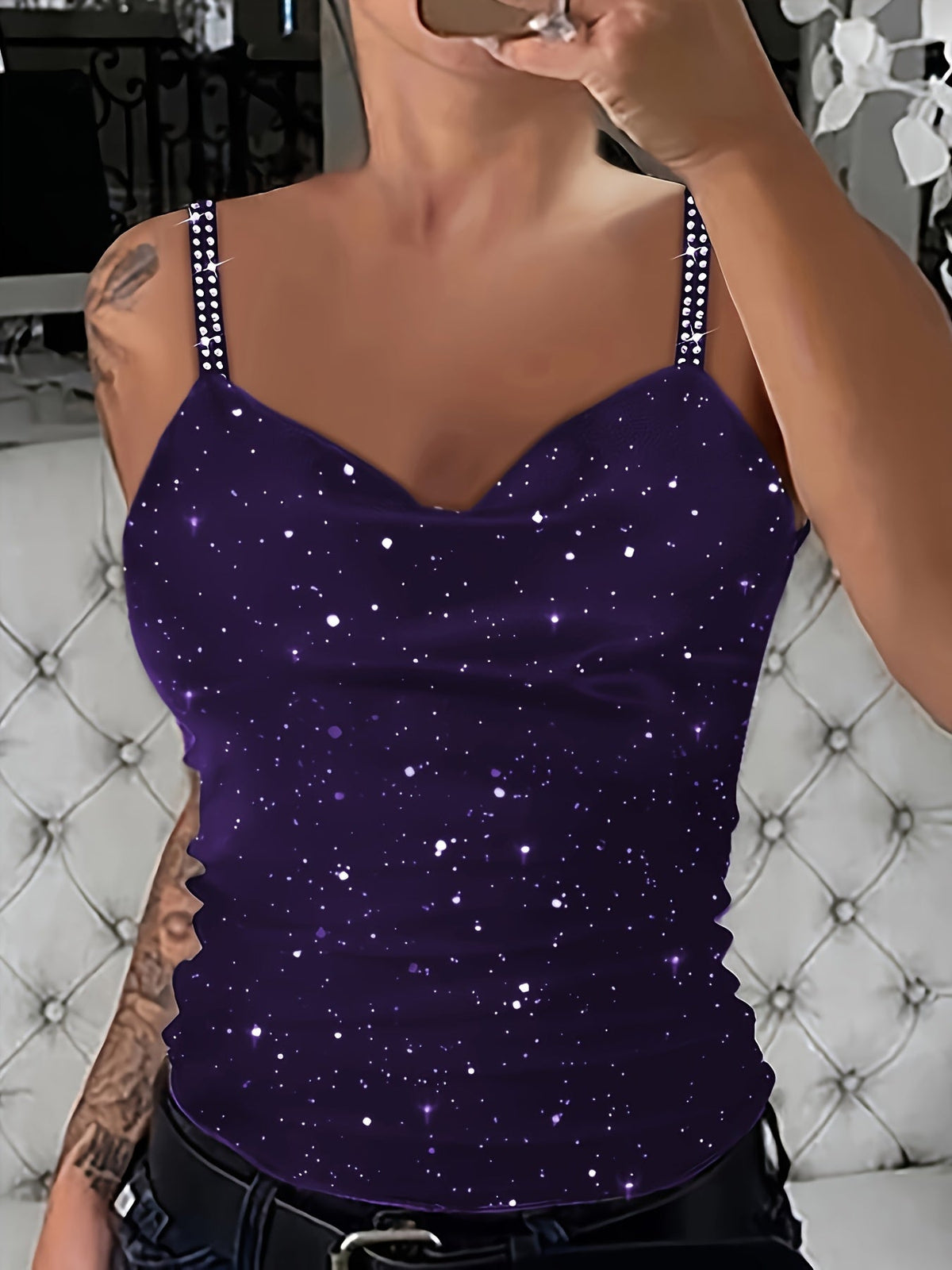 Women's Sequin Rhinestone Strap Cami Top Sexy V-Neck Sleeveless Tank Top Glam Party Night Out Tops Spring Summer Fall S M L XL XXL