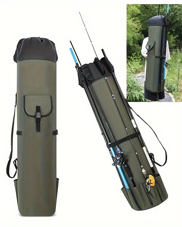 Large Capacity Folding Durable Fishing Rod Bag, Multifunctional Gear Carrier Case with Two Lead Weights, Fits Multiple Rods, Tackle Organizer for Freshwater and Saltwater Fishing