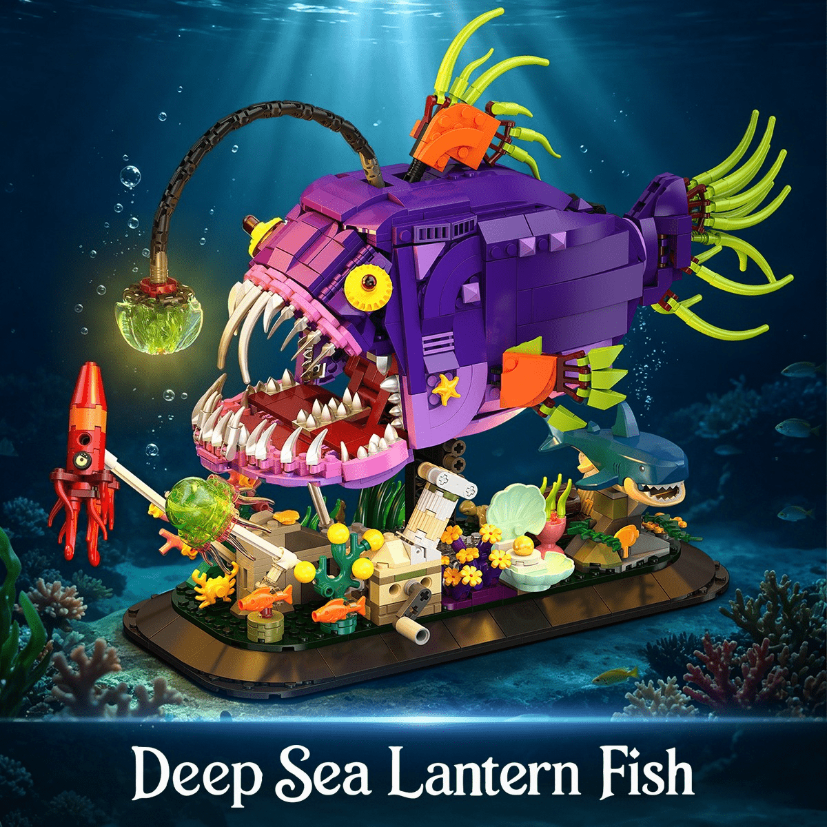 1145-Piece Anglerfish Building Blocks Set ABS Movable Mechanical Deep Sea Monster with Seabed Diorama Adjustable Jaw Spinning Jellyfish for Adult Display & Birthday Christmas Gift – Purple