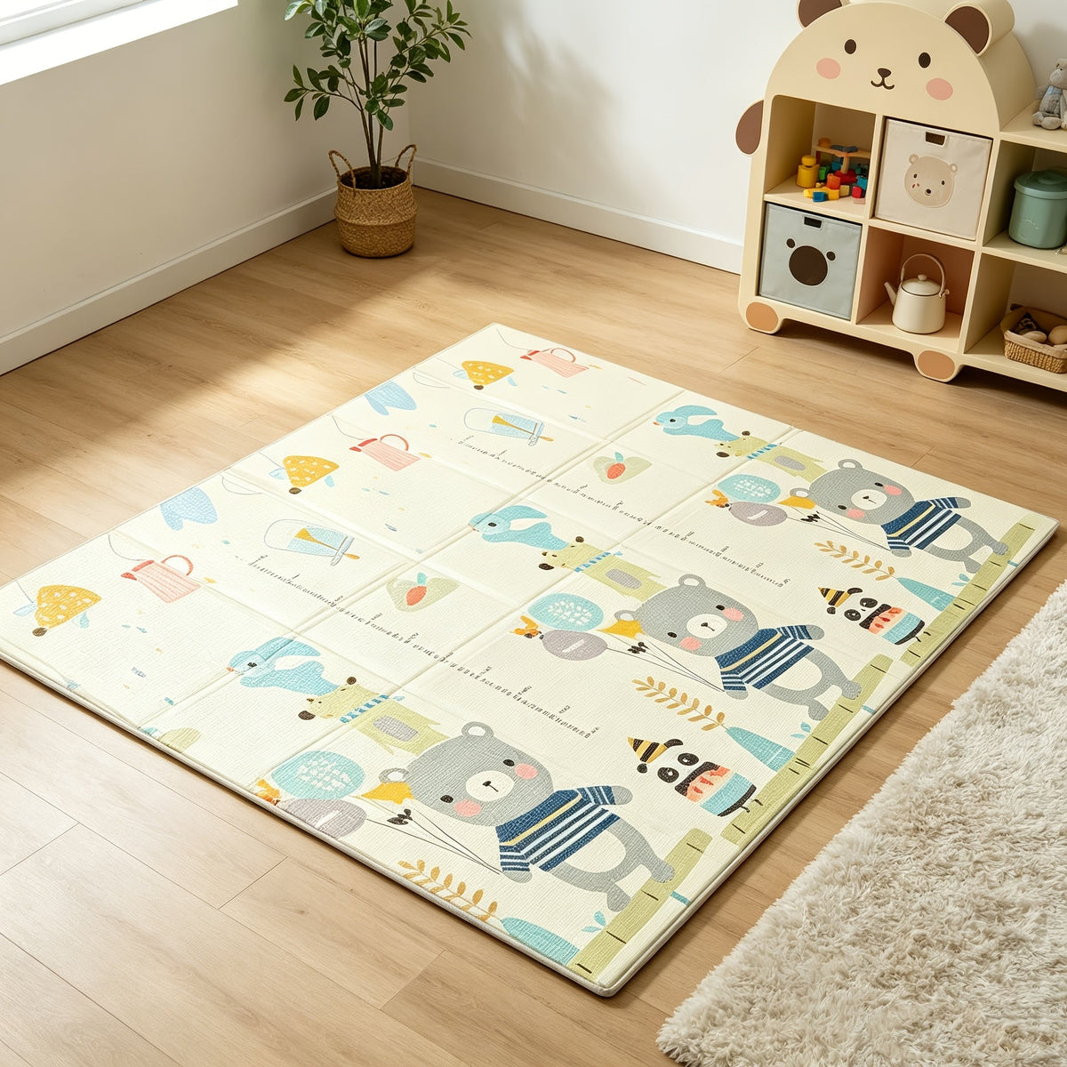 Baby Crawling Mat Non-Toxic Odorless Easy to Clean Space-Saving 47x47 Inch for Indoor Crawling Outdoor Picnic – Bear Party Design