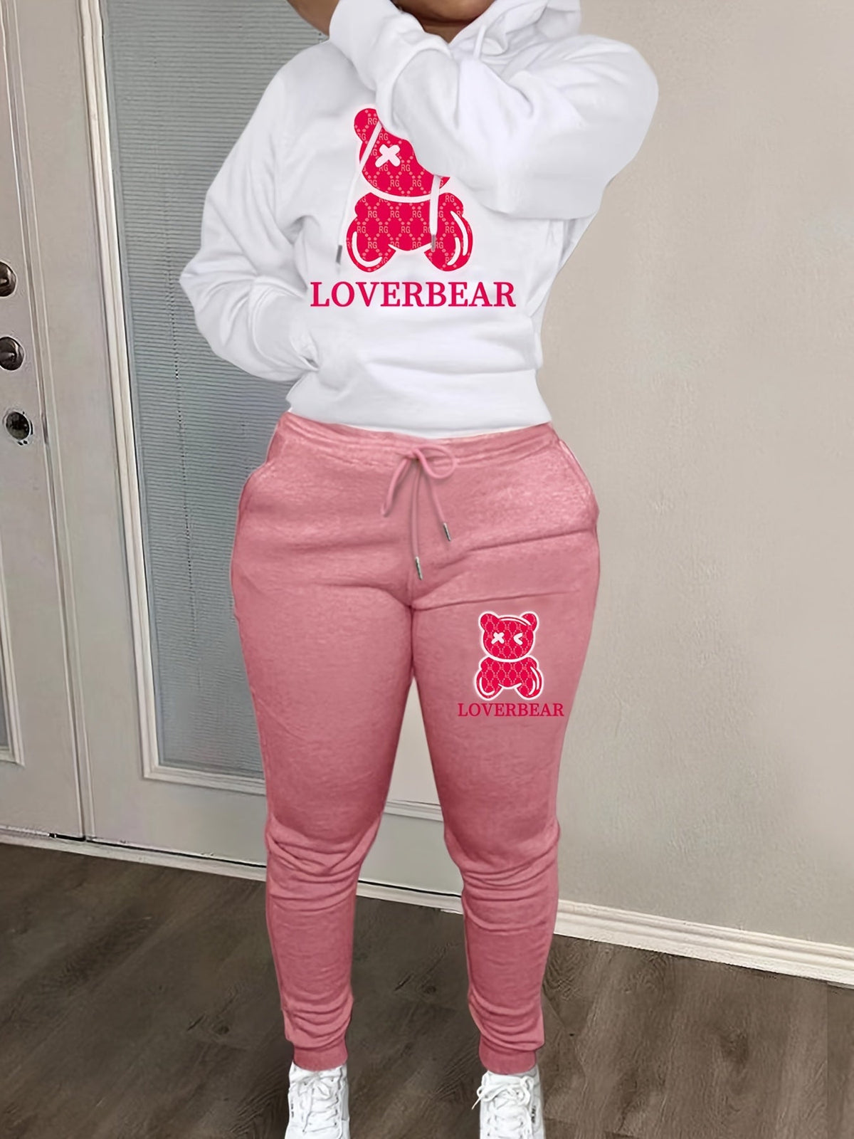 Cartoon Bear Print Two-piece Set Hoodie & Jogger Pants Women's Tracksuit Drawstring Long Sleeve Sweatsuit Outfit S-XXL Multiple Colors