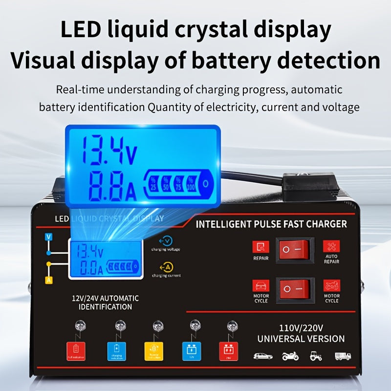 Smart Universal Battery Charger 12V 24V with LCD Screen Pulse Repair Trickle Maintainer for Car, Truck, Motorcycle, Boat, Lawn Mower, and Harvester – Automatic Temperature Regulation