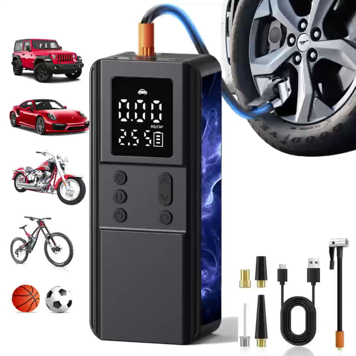 Portable Tire Inflator Air Compressor Pump for Car Tires, Bicycles, Motorcycles & Balls, Digital Pressure Gauge, Auto Shut-Off, USB & Cigarette Lighter Versions Available