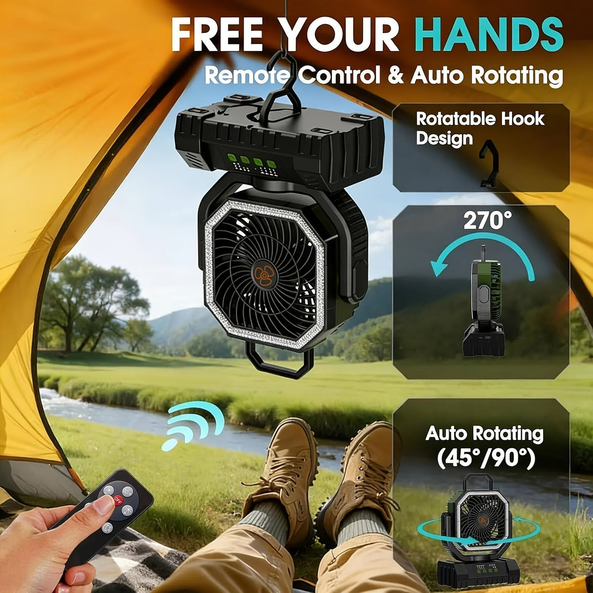 20000mAh Camping Fan with Remote Control, LED Light, Oscillating, 4 Speeds, Timer, and Power Bank - Rechargeable Tent Fan for Camping, Picnic, BBQ, Fishing, and Outdoor Use