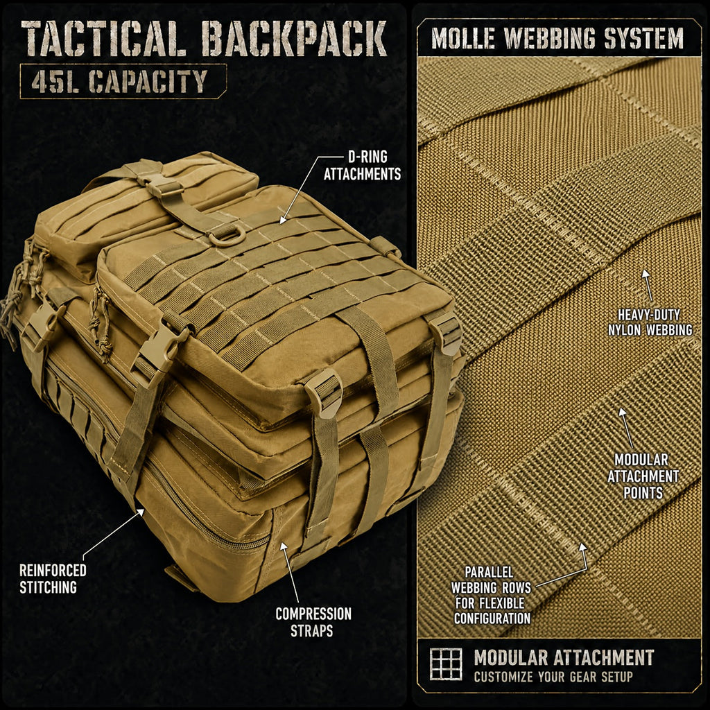 Tactical Hiking Backpack 45L 3-Day Rucksack – Multifunctional Camping, Trekking, and Hunting Shoulder Bag with Zip Closure, Durable Sports Pack for Men and Women, Black, Green, Khaki