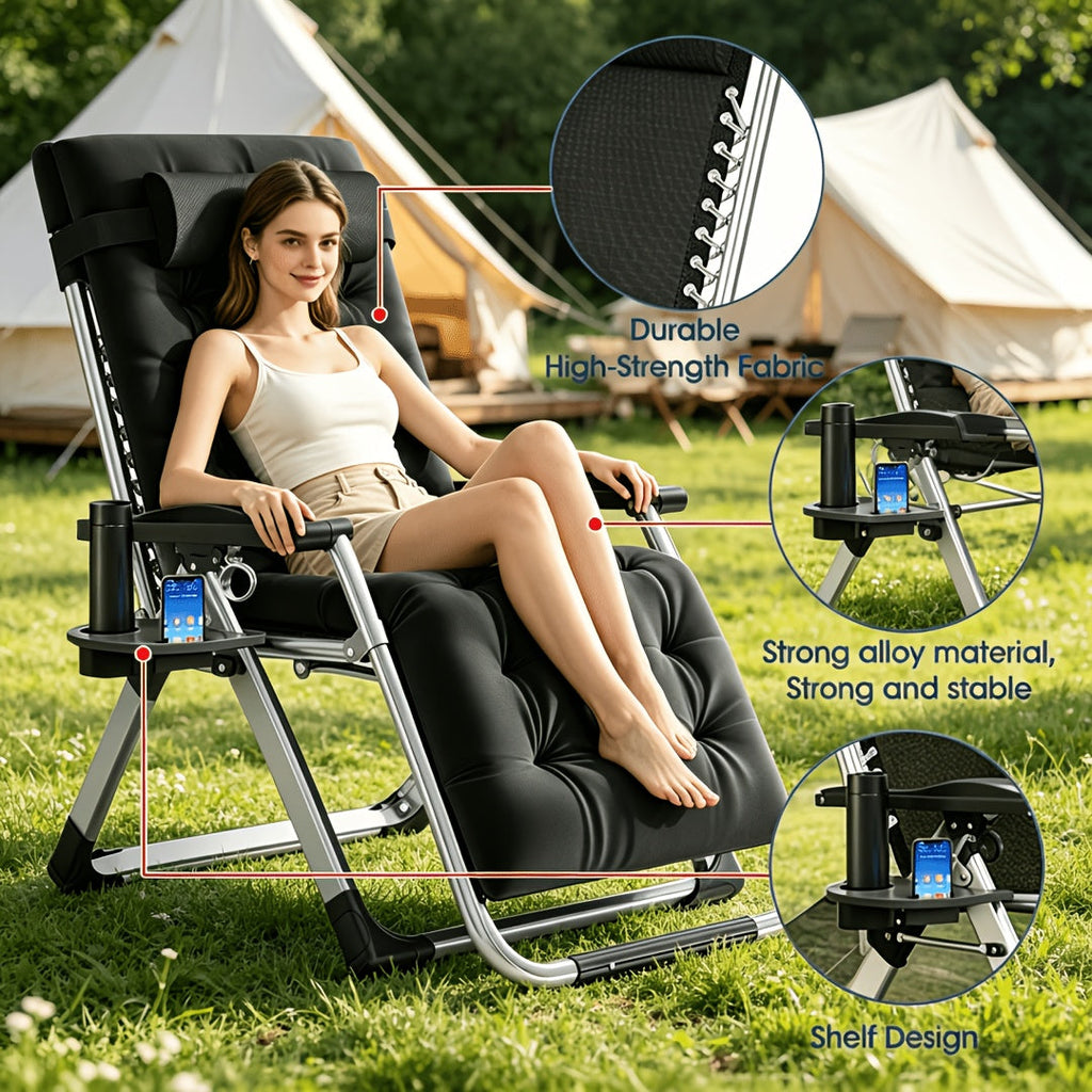 Portable Folding Chaise Lounge Chair, 440 Lbs Capacity – Outdoor Lawn Recliner with Removable Cushion, Headrest & Cup Holder, Heavy Duty Patio Reclining Chair for Pool, Garden & Beach, 6 Colors – Nova Mart