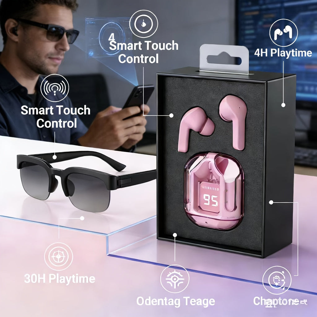 AI Translation Smart Glasses with Wireless Headphones, Real-Time Multi-Language Translator, Built-in Microphone, Music Audio Glasses, Rechargeable Sports Wearable Tech for Travel and Business