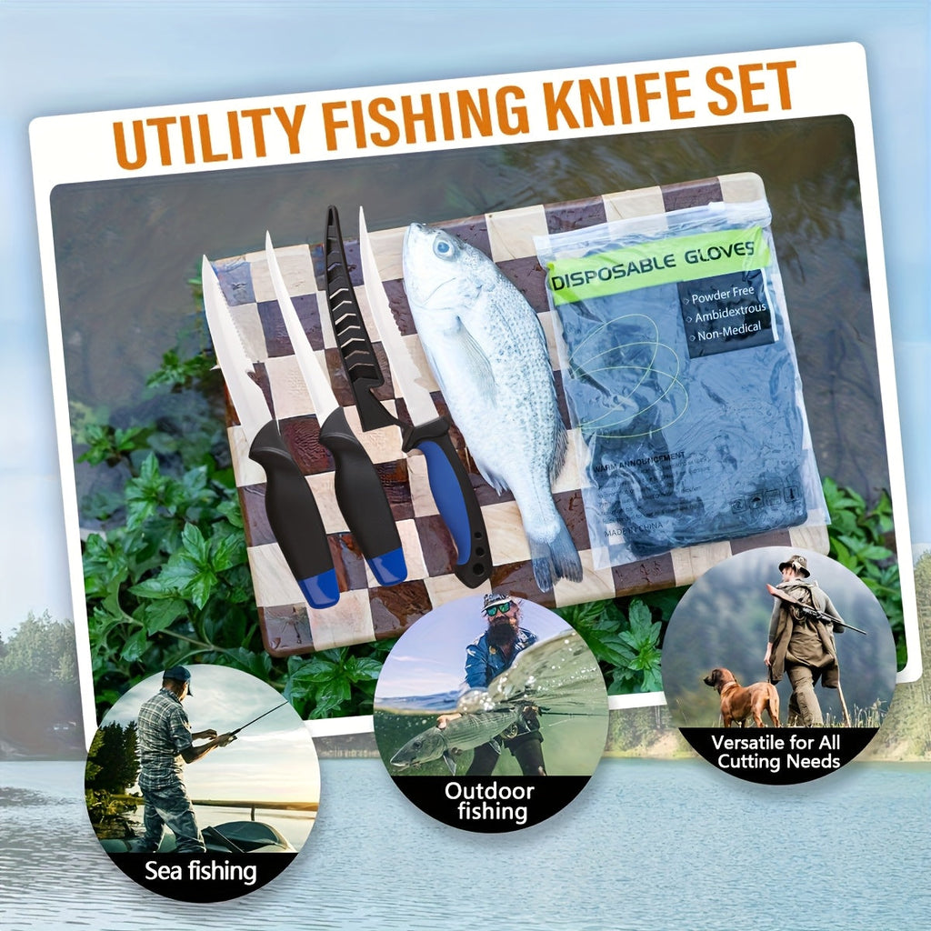 3-Piece Fishing Knife Set with Stainless Steel Blades, Fish Fillet, Boning, and Gutting Knives with Cut-Resistant Gloves, Fishing Line Cutter & Cord – Unique Fishing Gift for Anglers & Campers
