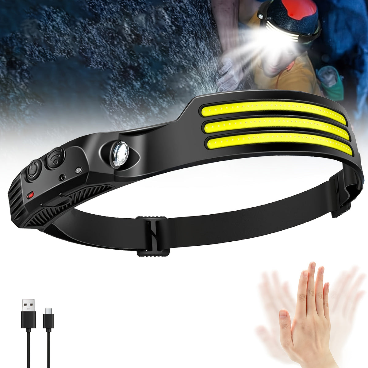 Motion Sensor LED Headlamp USB Rechargeable IP54 Waterproof – Super Bright 5-Mode Headlamp for Camping, Hiking, Running, Fishing, and Outdoor Activities