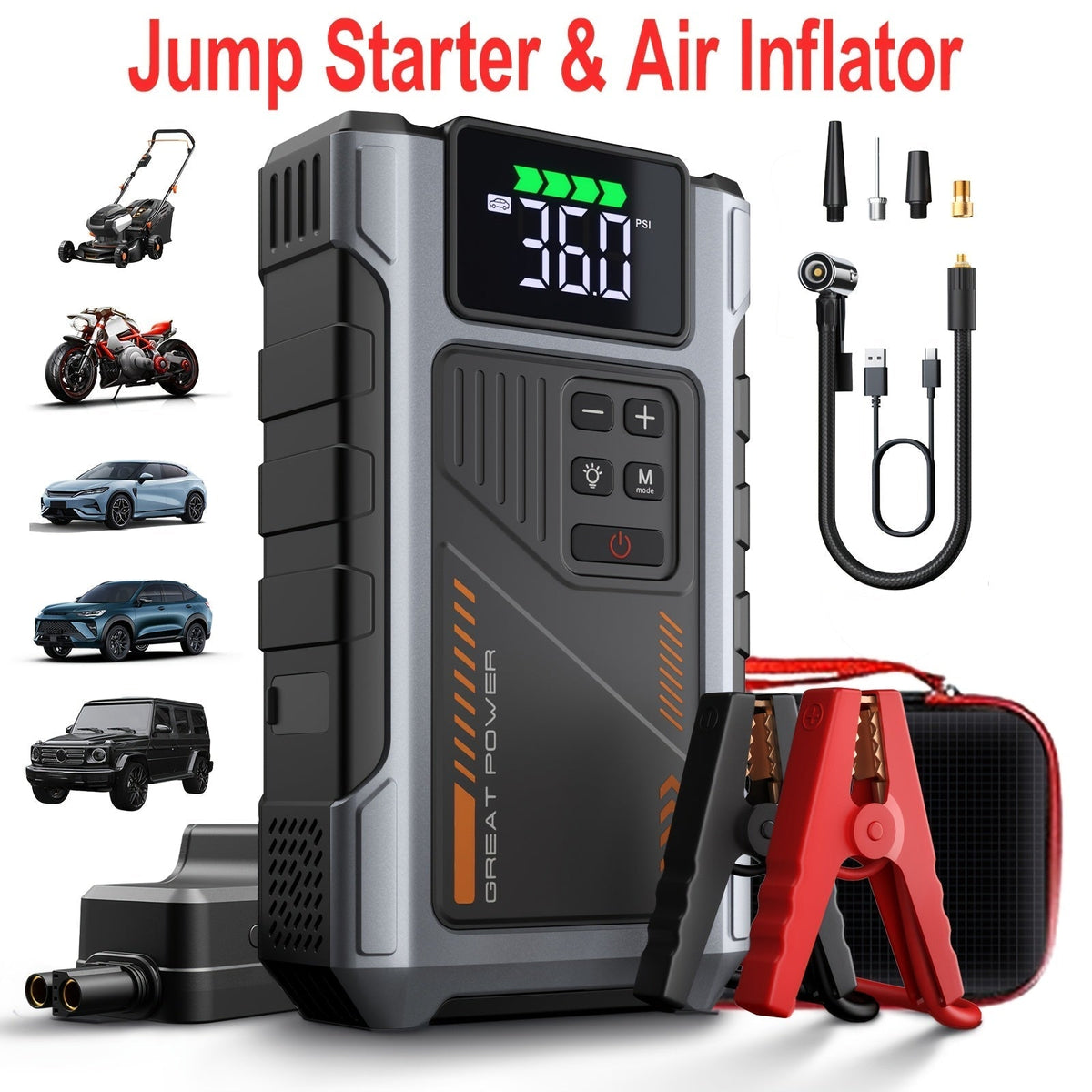 9-in-1 Portable Jump Starter with Air Compressor for 12V Vehicles (Up to 8.0L Gas / 6.5L Diesel) – Battery Booster Pack with Tire Inflator, USB Power Bank, LED Emergency Light & Roadside Kit