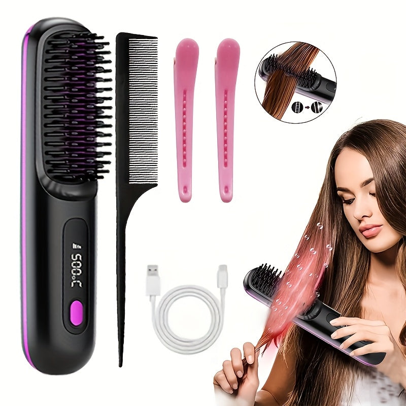 Portable Wireless Hair Straightener Comb - USB Charging, 3-Speed Temperature Control, Negative Ion Technology, LED Display - Lightweight Travel Hair Straightener - Black & White