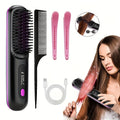 Portable Wireless Hair Straightener Comb - USB Charging, 3-Speed Temperature Control, Negative Ion Technology, LED Display - Lightweight Travel Hair Straightener - Black & White