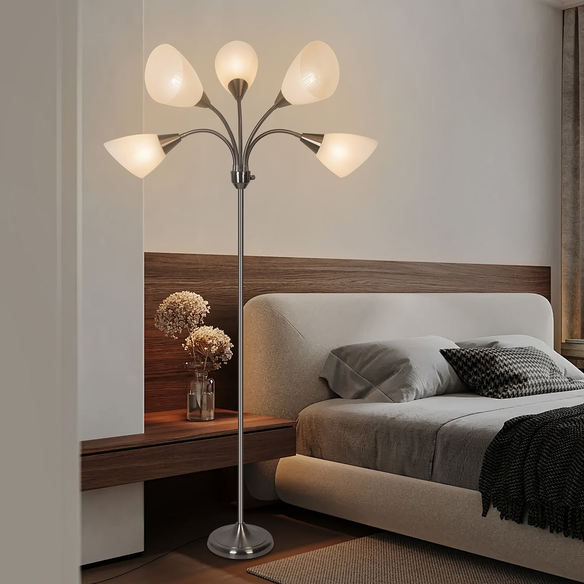 5-Head Gooseneck Adjustable Floor Lamp – Flexible Multi-Directional Reading & Task Light for Living Room Bedroom Office in Satin Nickel (Bulb Not Included)